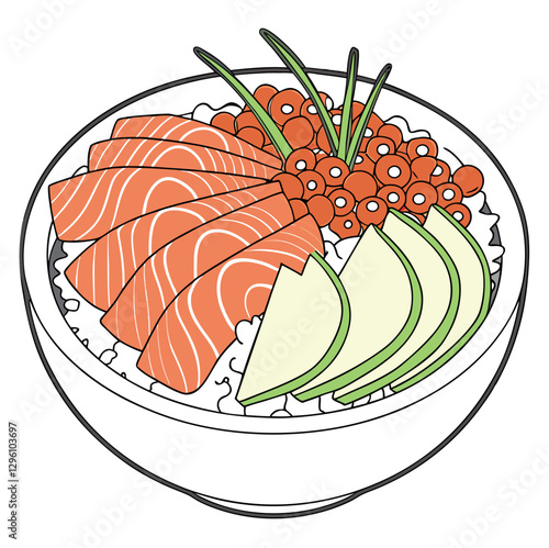 colorful seafood donburi with fresh sashimi slices, ikura (salmon roe), and shredded nori on a bed of rice, on a white plate.