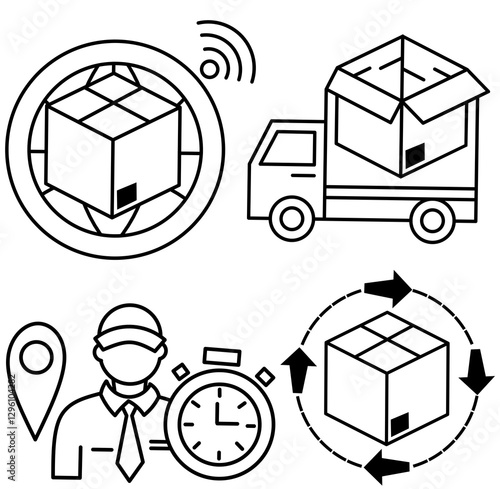 Shipping icons set. Simple linear web icons collection like Shipping By Air Sea, Delivery Date, Courier, Warehouse, Search Return Package, Express Delivery and others Editable vector strokes.
