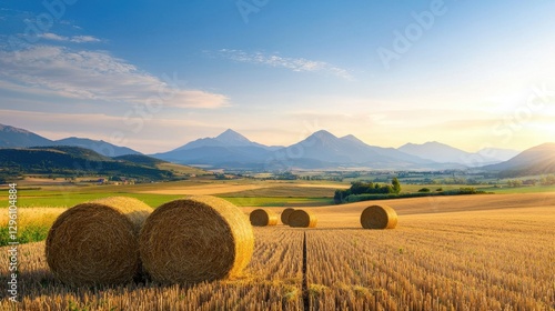 Golden hay bales on a golden field under a vibrant sky with mountains in the background during sunset, creating a serene rural landscape