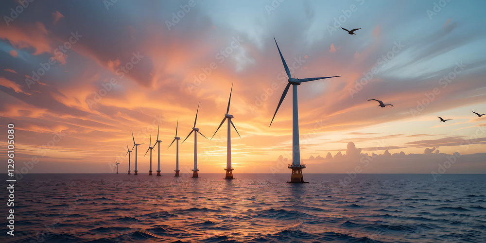 Obraz premium A mesmerizing view of wind turbines silhouetted against a vibrant sunset, showcasing the beauty of renewable energy and nature's palette.