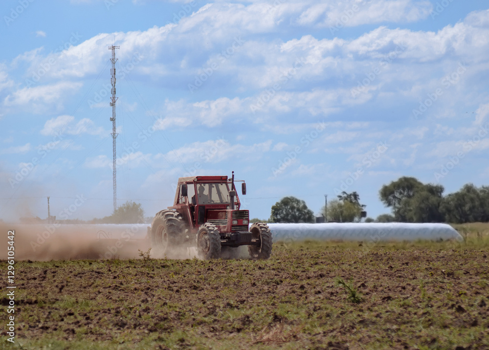 Fototapeta premium a tractor plowing the land
