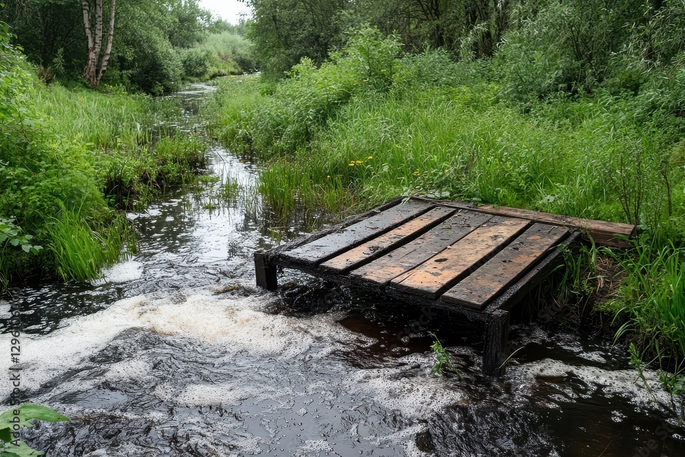 Fototapeta premium Tranquil Stream with Wooden Platform Amidst Lush Greenery