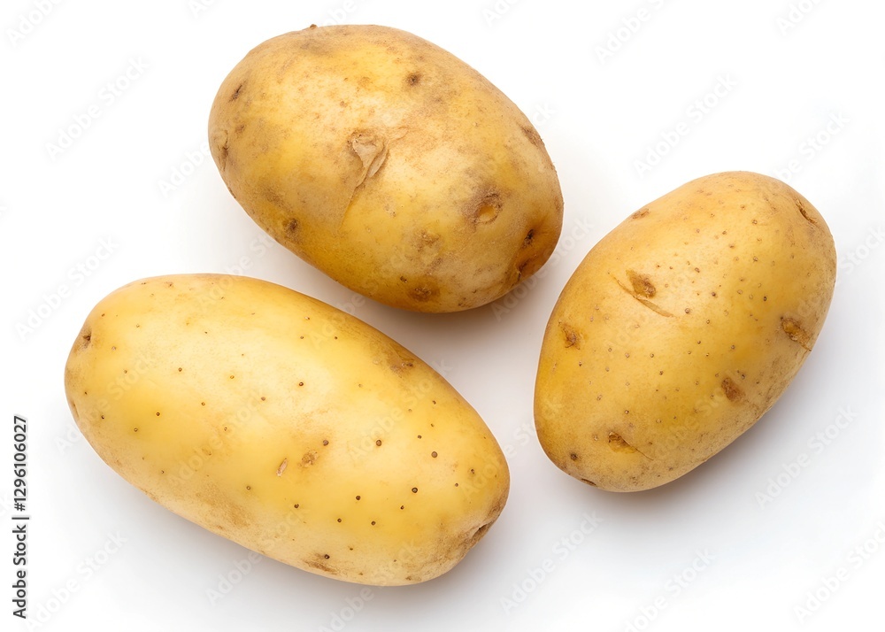 Three Fresh Potatoes Isolated on White Background – Healthy Raw Food, Top View Three Fresh Potatoes Isolated on White Background – Healthy Raw Food, Top View