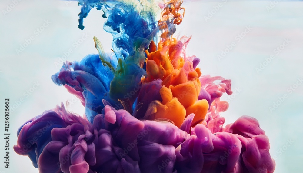 Obraz premium Close-up ink drops in water: colorful plumes spread, bloom. Abstract fluid art, mesmerizing