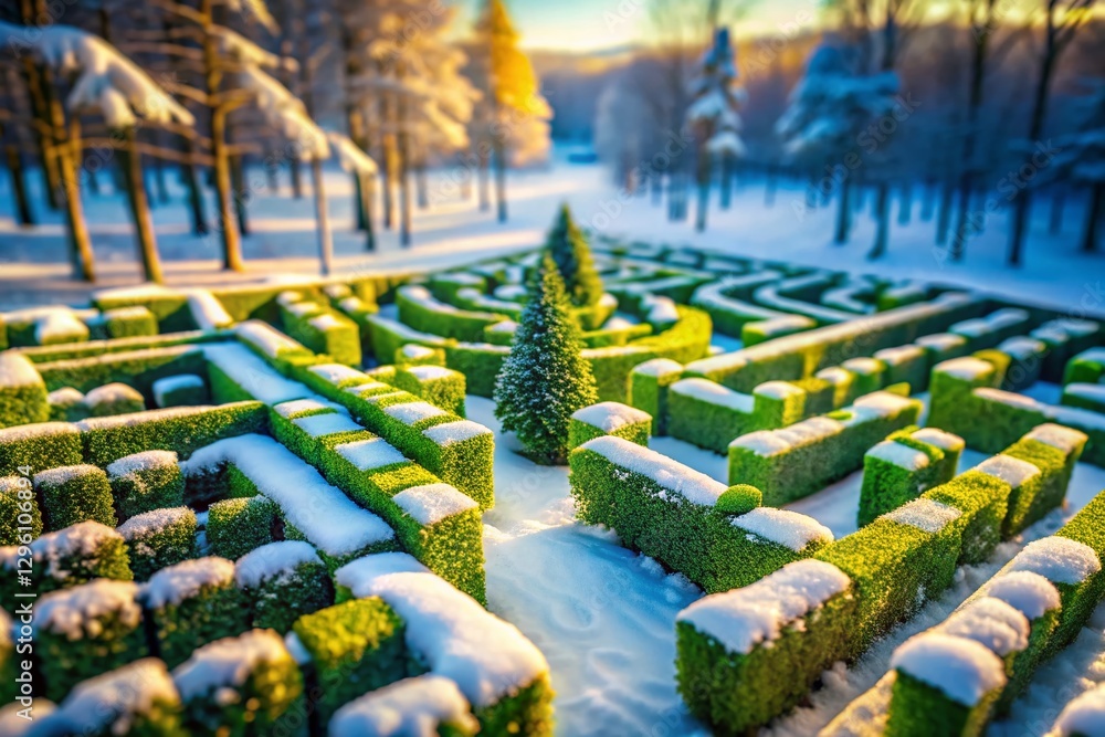 Fototapeta premium Aerial Tilt-Shift View: Snowy Forest Hedge Maze