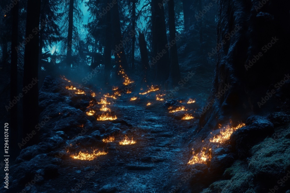 Fototapeta premium Mysterious Forest Pathway Illuminated by Flickering Flames at Night
