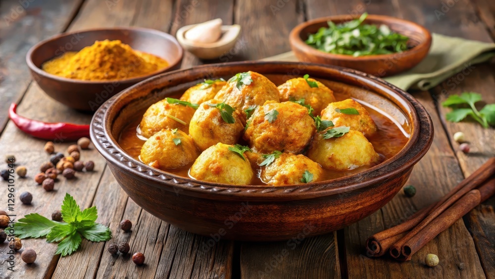 Steaming hot Kashmiri dum aloo served in a traditional earthen bowl with aromatic spices and herbs garnished on top, kashmiri, side dish Steaming hot Kashmiri dum aloo served in a traditional earthen bowl with aromatic spices and herbs garnished on top, kashmiri, side dish