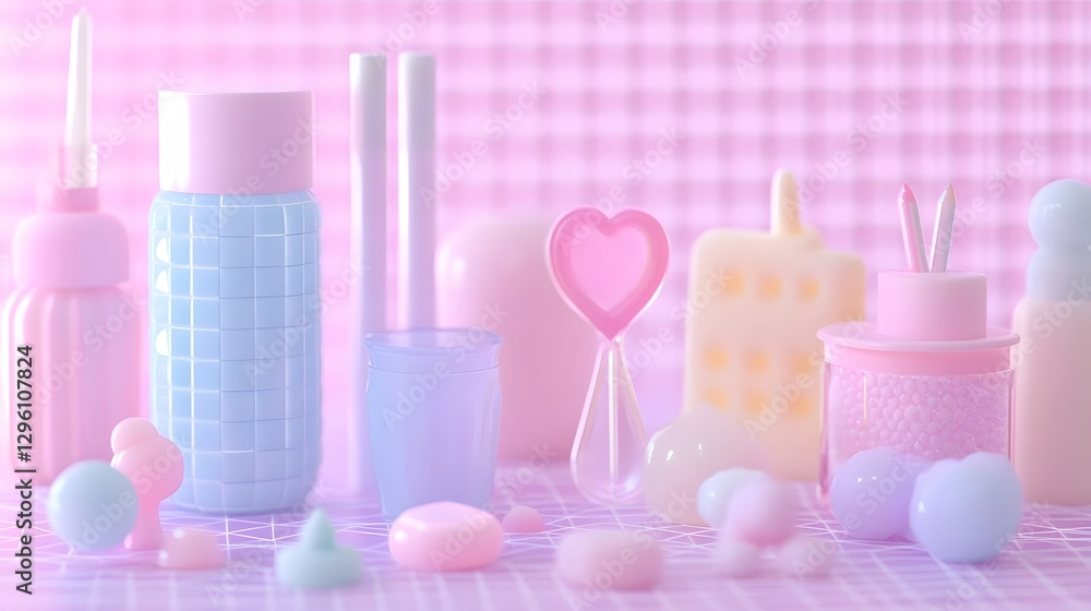 A pastel-colored arrangement of various cosmetic and beauty products on a soft pink background A pastel-colored arrangement of various cosmetic and beauty products on a soft pink background