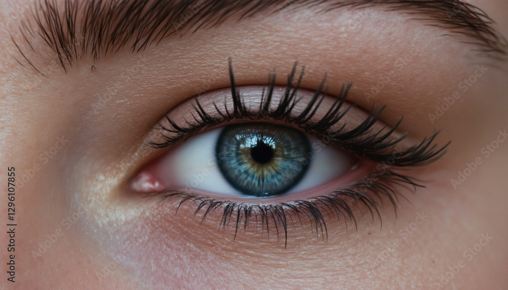Captivating close up of female eye with striking blue iris and long lashes Captivating close up of female eye with striking blue iris and long lashes