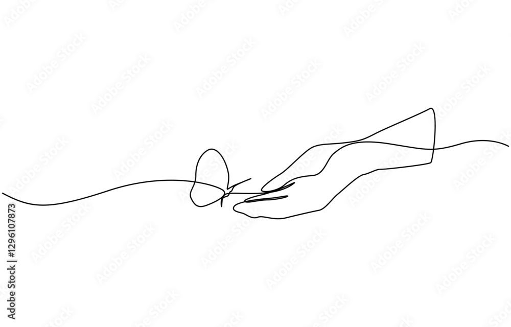 Obraz premium Continuous one line drawing of hand holding butterfly, One continuous line drawing of hand holding butterfly. Beautiful flying moth for well being beauty or spa salon logo in simple linear style. 