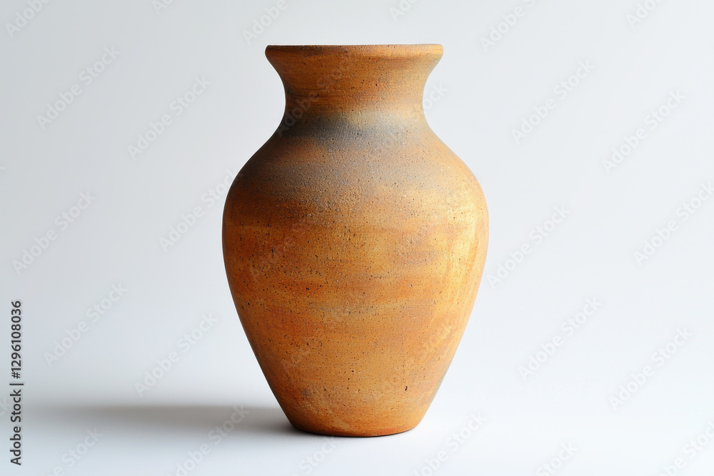 A handcrafted earthenware vase with a textured surface stands against a clean white background, showcasing its organic shape and warm, earthy color tones. A handcrafted earthenware vase with a textured surface stands against a clean white background, showcasing its organic shape and warm, earthy color tones.