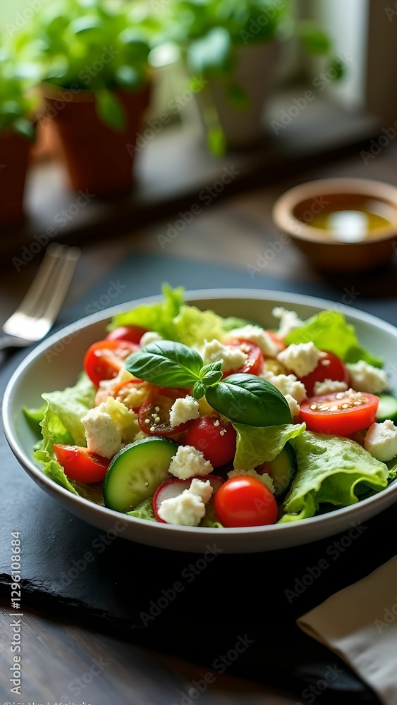 Fresh green salad with cherry tomatoes and feta cheese served on a rustic wooden table in a cozy kitchen setting Fresh green salad with cherry tomatoes and feta cheese served on a rustic wooden table in a cozy kitchen setting