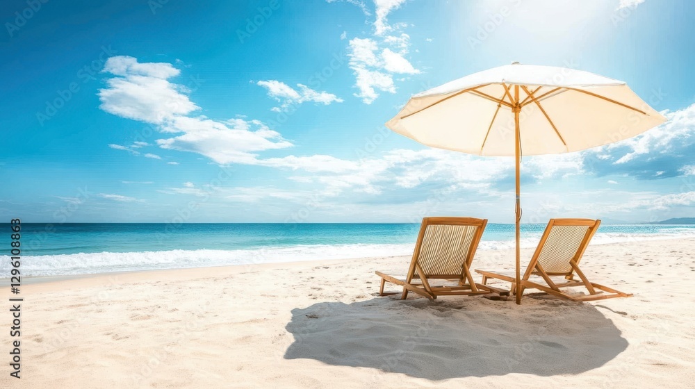 Two beach chairs and a colorful umbrella are set against the sandy shore, creating a perfect relaxation spot under the sun. Two beach chairs and a colorful umbrella are set against the sandy shore, creating a perfect relaxation spot under the sun.