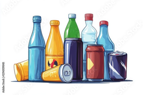 Colorful Variety of Bottles and Cans on a White Background