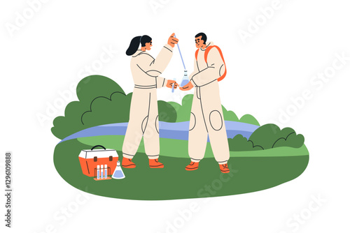 Collecting water samples for research, laboratory test, analysis. Examining, checking quality outdoors, in nature. Hydrology and ecology study. Flat vector illustration isolated on white background