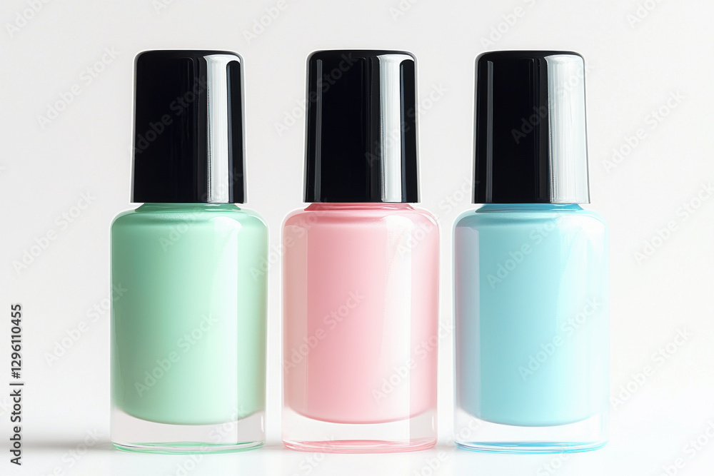Three bottles of pastel-colored nail polish with black caps, arranged in a row against a white background, creating a clean and vibrant beauty aesthetic for manicures. Three bottles of pastel-colored nail polish with black caps, arranged in a row against a white background, creating a clean and vibrant beauty aesthetic for manicures.