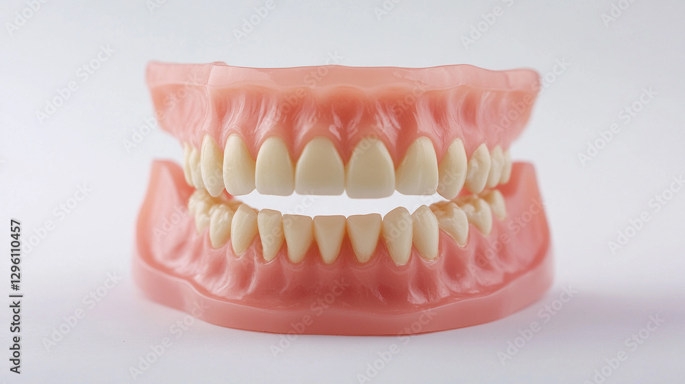 Two full sets of upper and lower teeth on a white background. Two full sets of upper and lower teeth on a white background.