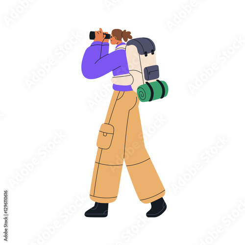 Hiker looking with binoculars during hiking, trekking adventure. Backpacker tourist with backpack, exploring, searching on journey, travel. Flat vector illustration isolated on white background
