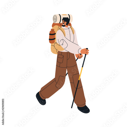 Hiker trekking with backpack and walking poles. Tourist hiking, outdoor adven...