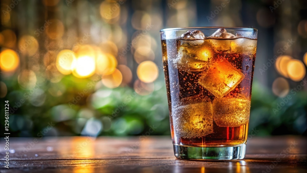 A glass filled with a refreshing cold beverage, surrounded by visible condensation and a blurred background , fizzy soft drink, chilled soda A glass filled with a refreshing cold beverage, surrounded by visible condensation and a blurred background , fizzy soft drink, chilled soda