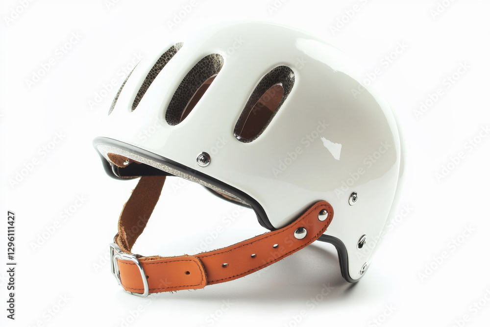 Fototapeta premium Stylish white retro bicycle helmet with ventilation holes and brown leather straps for urban cyclists ensuring safety and comfort on white background.
