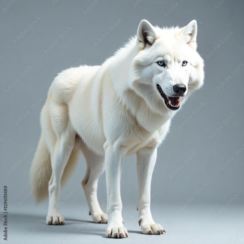 Fototapeta premium A black wolf-like dog sits with an open mouth full-body on a white photoshoot backdrop.