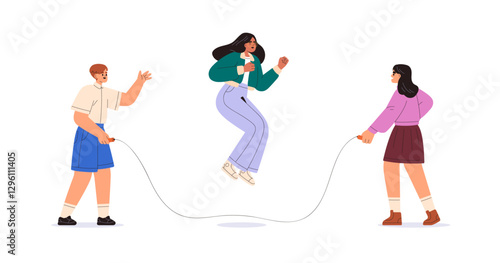 Kids playing Double Dutch with skipping rope. Happy school children, boy and girls friends jumping with fun, joy. Outdoor leisure activity, game. Flat vector illustration isolated on white background