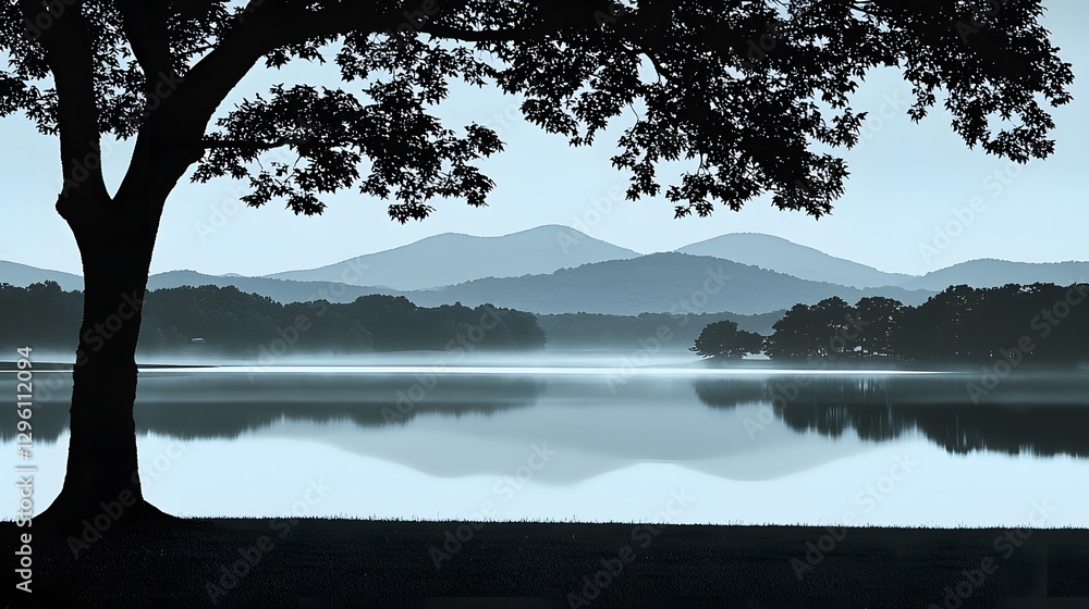 Serene Landscape with Silhouette of Tree and Reflective Lake at Dawn Surrounded by Mountains Serene Landscape with Silhouette of Tree and Reflective Lake at Dawn Surrounded by Mountains