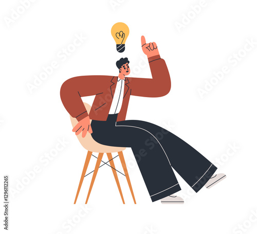 Business man with new creative idea, lightbulb above head. Employee thinking, creating with light bulb. Smart solution, eureka, thought concept. Flat vector illustration isolated on white background