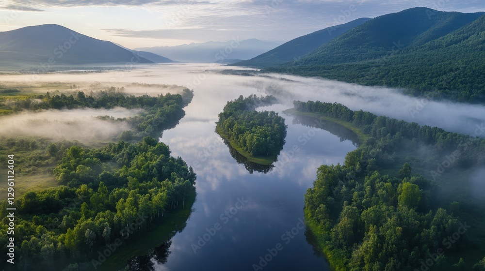 Fototapeta premium A misty sunrise paints a serene tableau of nature as a mountain river carves its path through a verdant forest, its waters shimmering with the first rays of morning light. In the distance, the