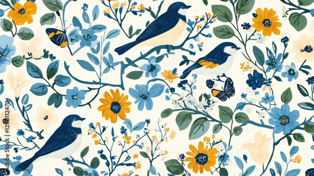 Hand-painted Azulejos With Whimsical Birds and Vibrant Butterflies. AI-generated Hand-painted Azulejos With Whimsical Birds and Vibrant Butterflies. AI-generated