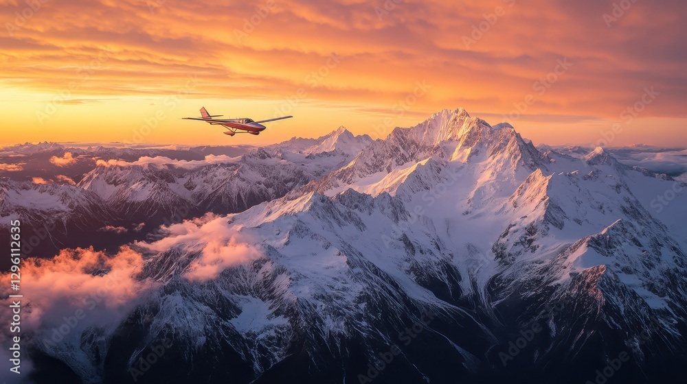 Fototapeta premium As the sun dips below the horizon, casting a warm, golden glow upon the snow-capped peaks, a lone aircraft gracefully ascends through the ethereal atmosphere, offering breathtaking panoramic views of