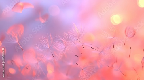 A vibrant bokeh of dandelion seeds, parachutes of nature is artistry, drifting on a gentle breeze against a soft-focus backdrop of blurred foliage, evoking a sense of tranquility and ethereal beauty. photo