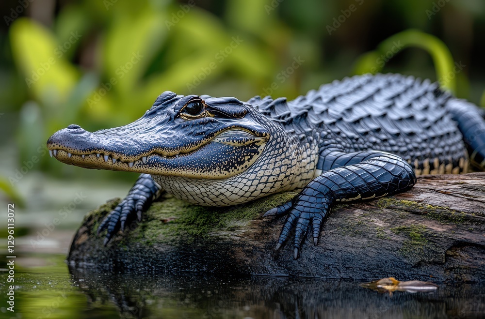 Majestic Alligator Relaxing on Log Beside Calm Water in Serene Natural Setting, Surrounded by Lush Greenery and Reflections of Wildlife Majestic Alligator Relaxing on Log Beside Calm Water in Serene Natural Setting, Surrounded by Lush Greenery and Reflections of Wildlife