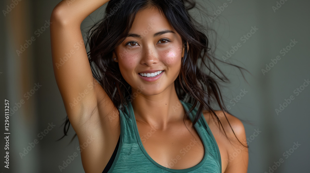 Young woman smiling, raising arm while exercising in fitness studio Young woman smiling, raising arm while exercising in fitness studio
