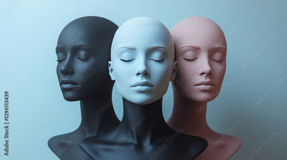 Three black, white and pink heads are shown in a row Three black, white and pink heads are shown in a row