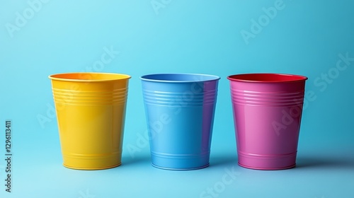 Three plastic cups are lined up on a blue background
