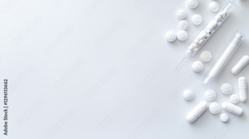 White Pills Capsules and Syringe on White Background White Pills Capsules and Syringe on White Background