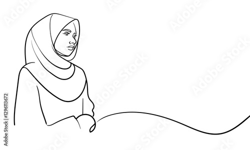 Young muslim woman in burqa, continuous line art drawing. Vector illustration isolated on white background 
