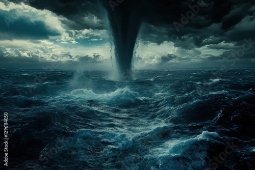 Dramatic Tornado Over Turbulent Ocean Waves Under Dark Clouds