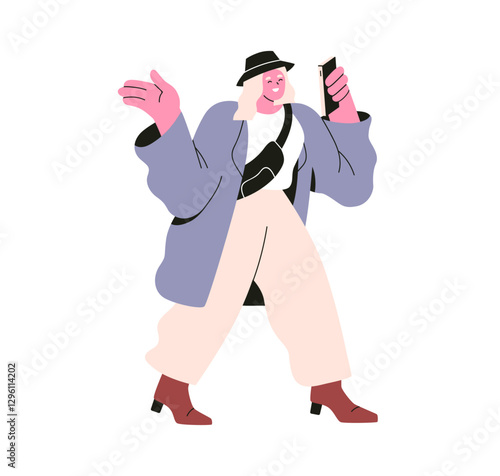 Woman holding smartphone, walking during video call. Happy modern girl, conte...