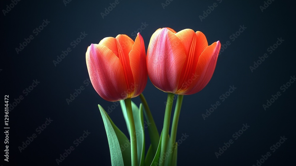 Two red tulips are standing next to each other in a dark background Two red tulips are standing next to each other in a dark background