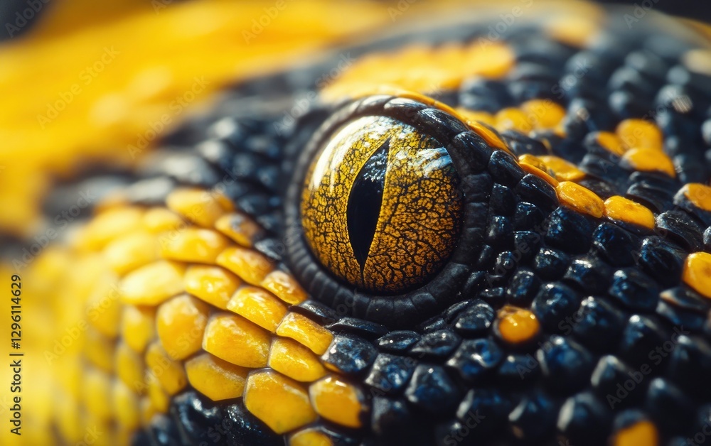 Fototapeta premium Close-up of the eye and skin texture of an entire yellow-haired snake, macro photography. 