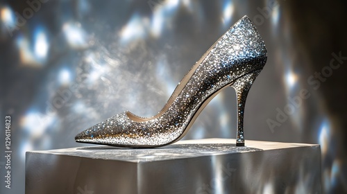 A glamorous silver high heeled shoe displays elegance and sparkle photo