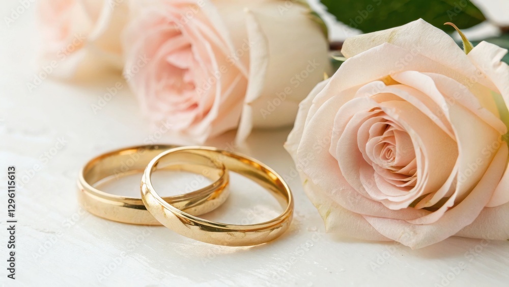 Two gold wedding rings placed beside soft pink roses, symbolizing love and commitment in an elegant setting. Two gold wedding rings placed beside soft pink roses, symbolizing love and commitment in an elegant setting.