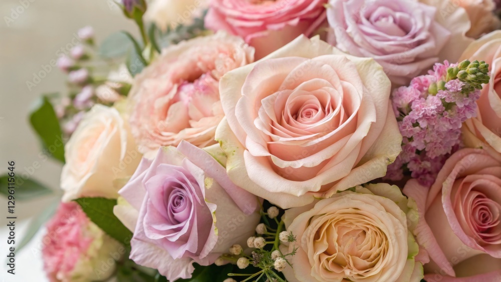 A beautiful bouquet of soft-colored roses in shades of pink and lavender, accented with delicate greenery and smaller flowers. A beautiful bouquet of soft-colored roses in shades of pink and lavender, accented with delicate greenery and smaller flowers.