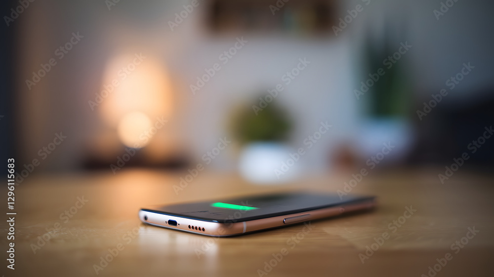 Close-up of a smartphone displaying low battery icon on screen, placed on wooden table. Concept of energy depletion, technology dependency, and need for recharging in daily life.