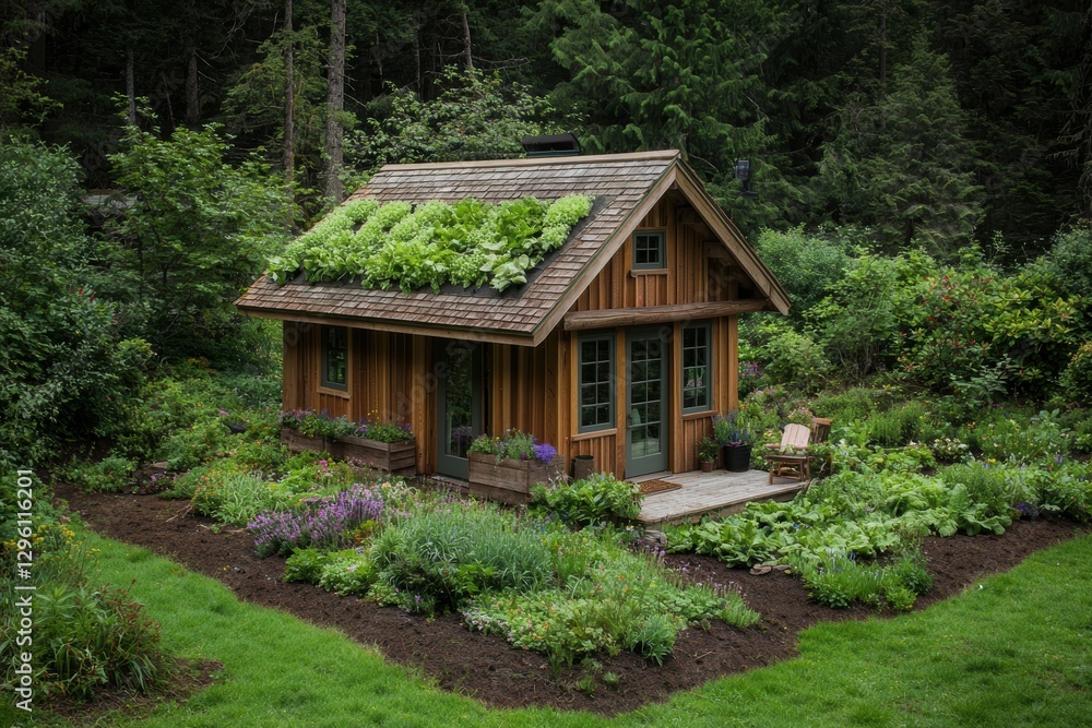 Small wooden cabin with a green roof surrounded by lush gardens and trees. Peaceful and serene nature scene. Small wooden cabin with a green roof surrounded by lush gardens and trees. Peaceful and serene nature scene.