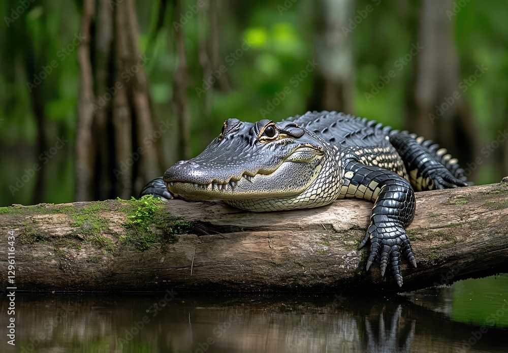 Majestic Alligator Resting on a Log Overlooking Calm Water in a Lush Green Wetland Environment Under Natural Light
