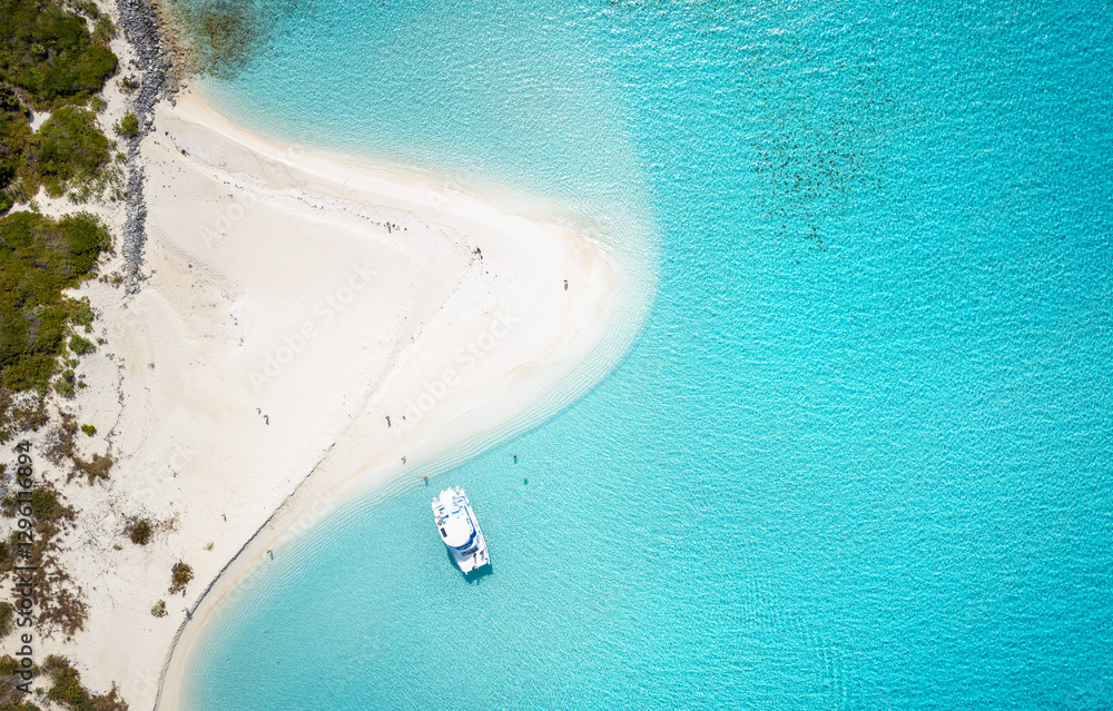 Aerial overhead view of the beautiful beaches in Exuma islands, Bahamas, Caribbean, with clear, turquoise ocean